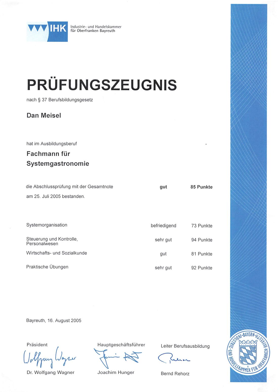 Prüfungszeugnis Fachmann für Systemgastronomie